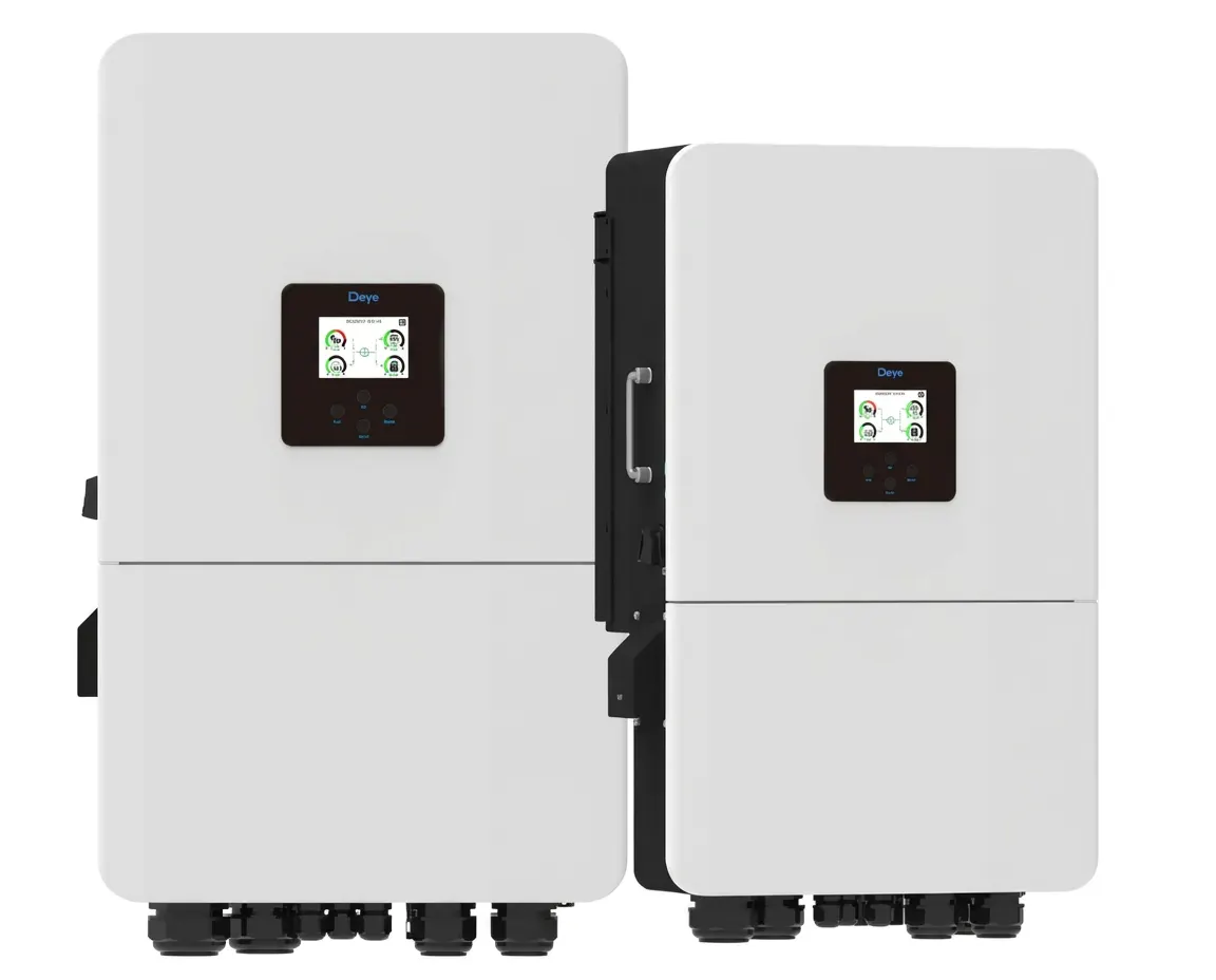 Twee DEYE LV hybride omvormers, 15 kW en 20 kW, naast elkaar