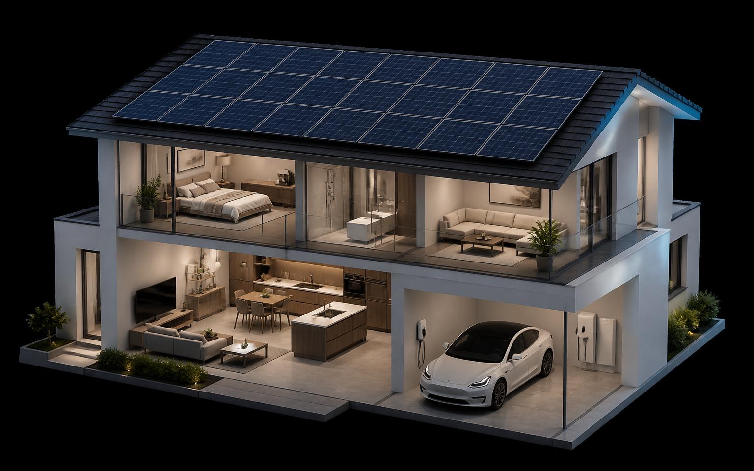 3D-doorsnede van een woning met zonnepanelen op het dak, thuisbatterij en laadpunt in de garage